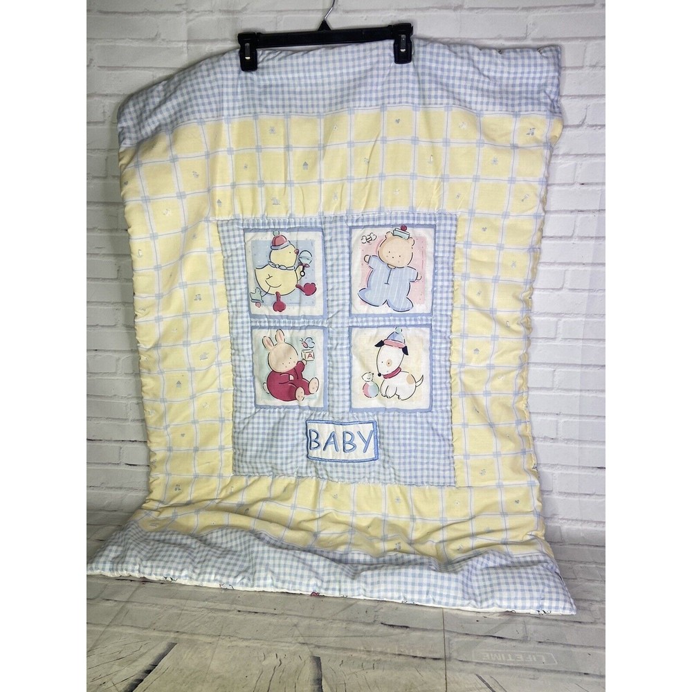 VTG Baby Crib Blanket Comforter Yellow Blue Gingham Trim Chick Bear Dog Bunny